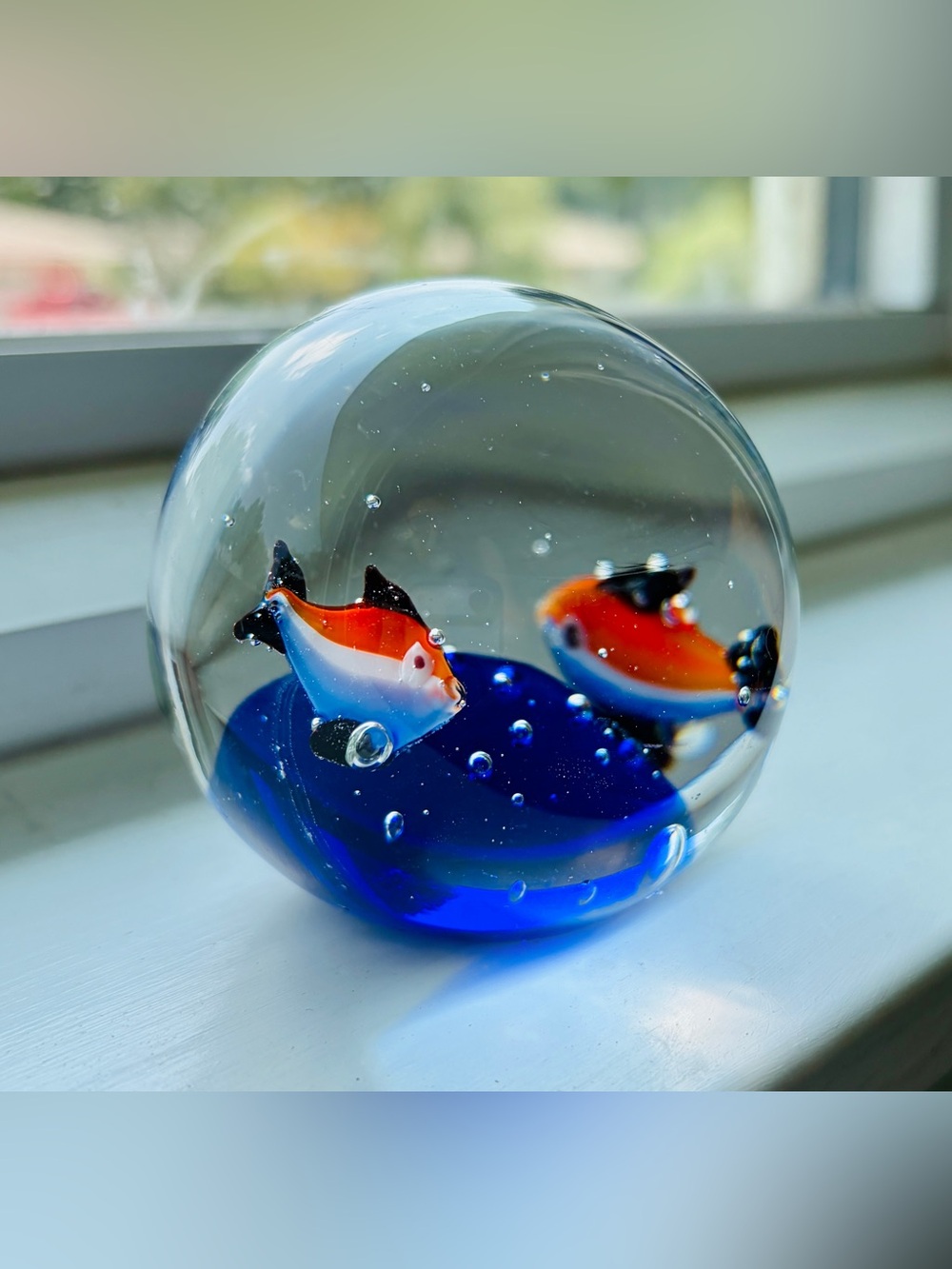 Dynasty Gallery Murano-style Fish Ocean Paperweight Round Glass Ball Orange Blue